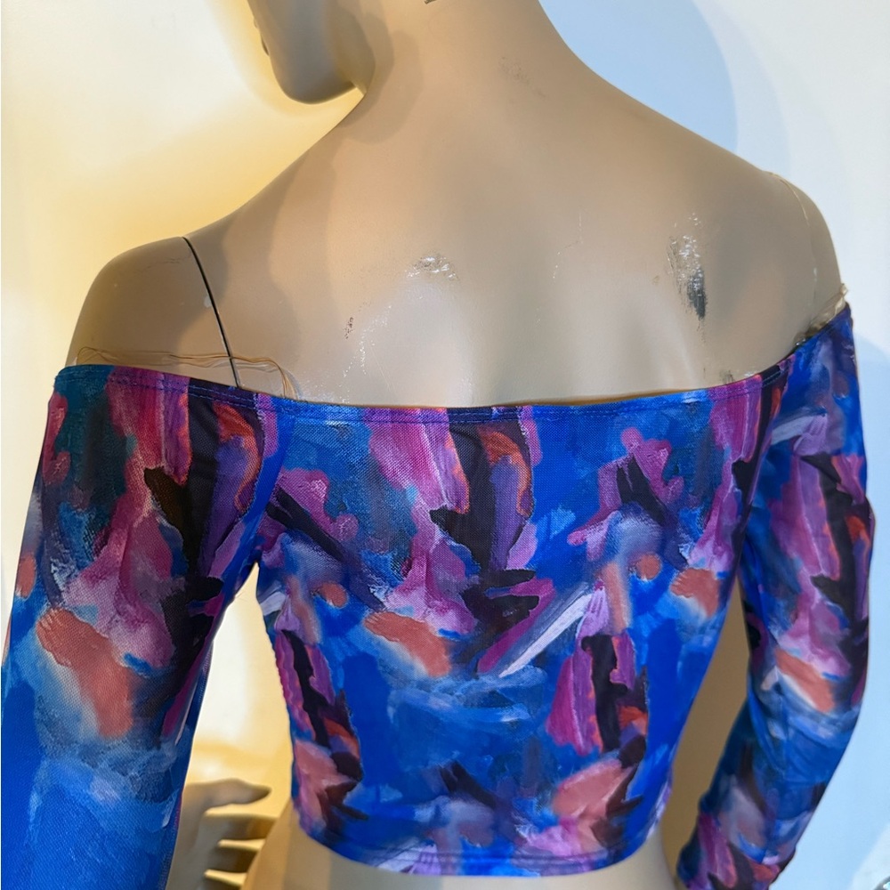 Windsor Off-Shoulder Mesh Rhinestone Button Top – Colorful Abstract Print - Picture 6 of 11